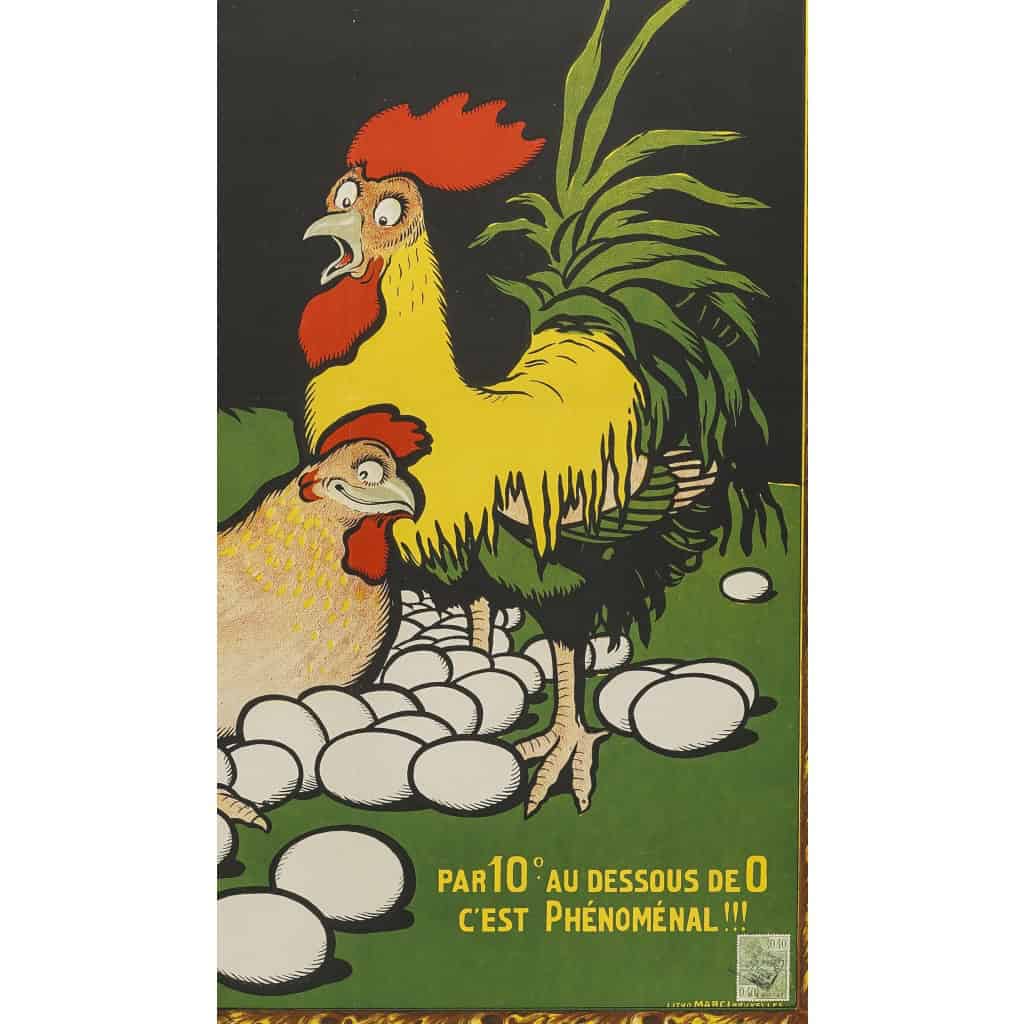Affiche Originale, Benjamin Rabier, La Pondeuse, Oeufs, Coq, Poulet, Poule, Volaille, Alimentation, Nourriture, Cuisine, Basse-Cour, Caricature, c.1920 6