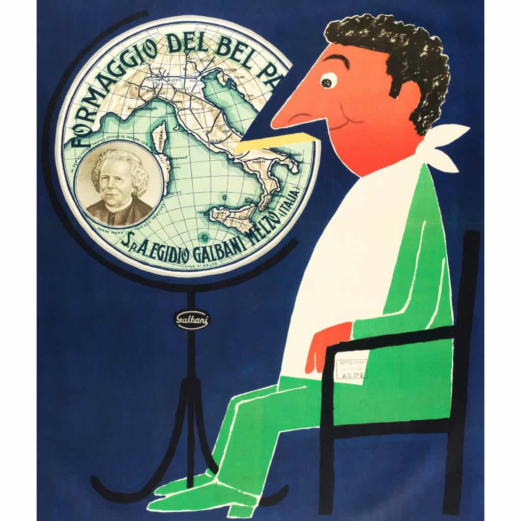 Affiche Originale, Raymond Savignac, Bel Paese, Fromage, Meule, Fromagerie, Galbani, Formaggio, Lait, Alimentation, Nourriture, Cuisine, Nez, Italie, Botte, Globe, 1966 4