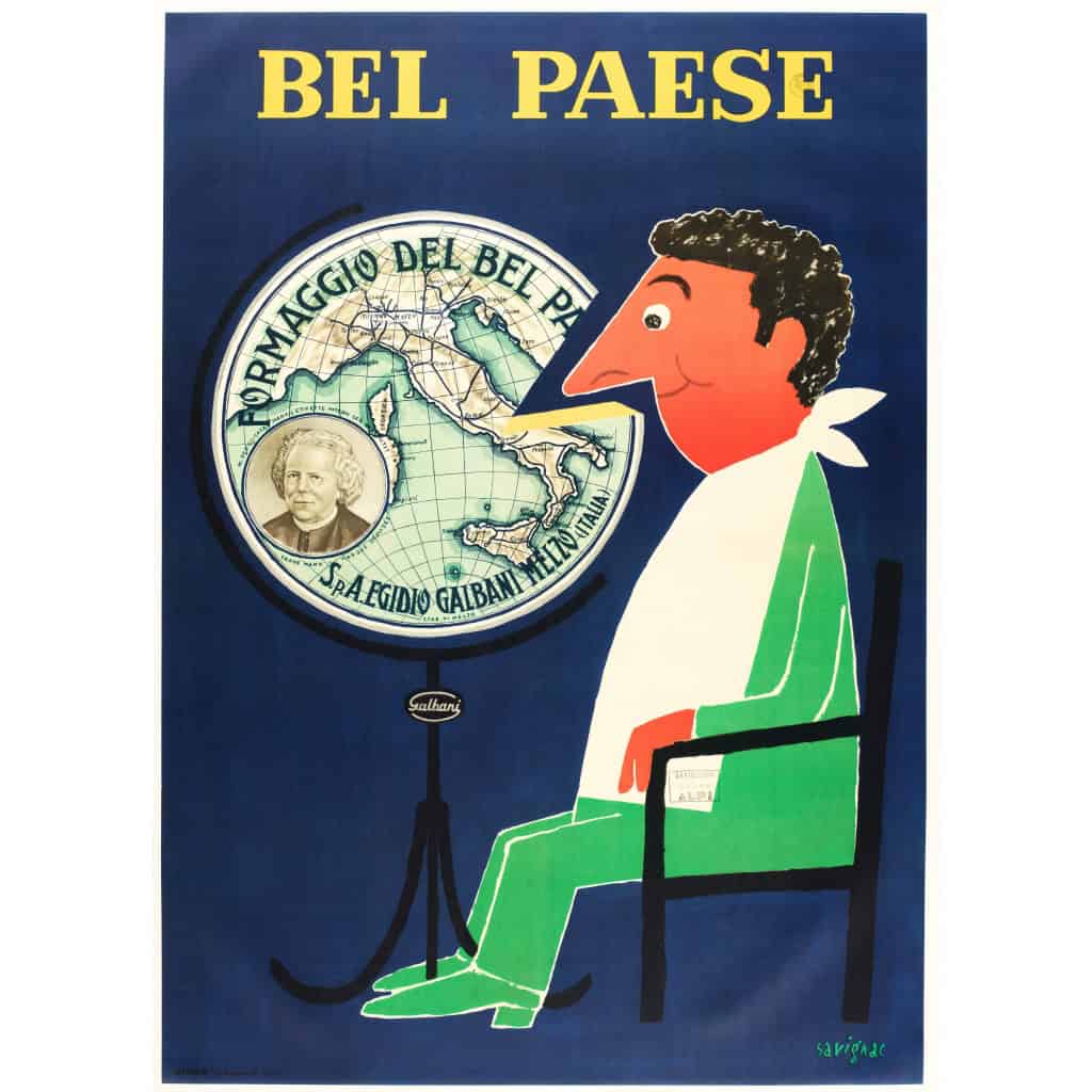 Affiche Originale, Raymond Savignac, Bel Paese, Fromage, Meule, Fromagerie, Galbani, Formaggio, Lait, Alimentation, Nourriture, Cuisine, Nez, Italie, Botte, Globe, 1966 3