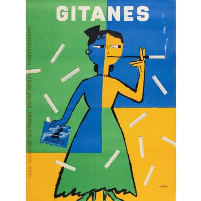 Affiche Originale, Raymond Savignac, Gitanes, Cigarettes, Tabac, Fumeur, Paquet, Cartouche, Filtre, Fumée, Cendre, Femme, 1953