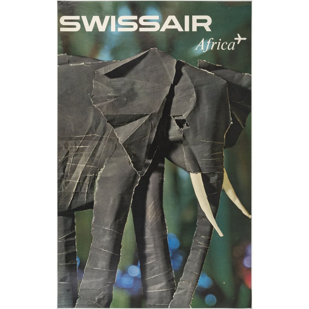 Affiche Tourisme Originale, Nikolaus Schwabe, Swiss Air, Africa, Afrique, Transport, Voyage, Aviation, Avion, Vol, Elephant, Papier, Collage, 1961 3