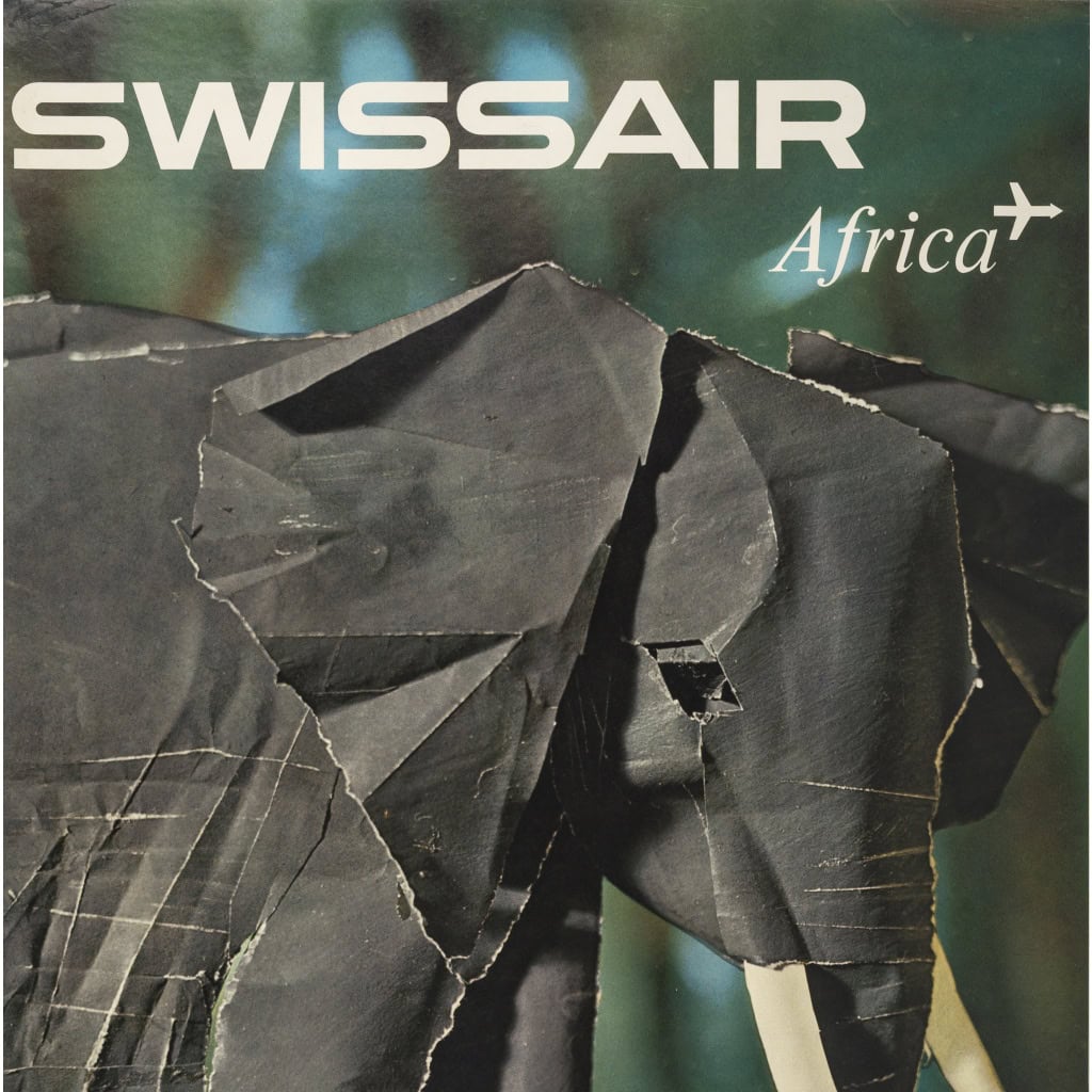 Affiche Tourisme Originale, Nikolaus Schwabe, Swiss Air, Africa, Afrique, Transport, Voyage, Aviation, Avion, Vol, Elephant, Papier, Collage, 1961 4