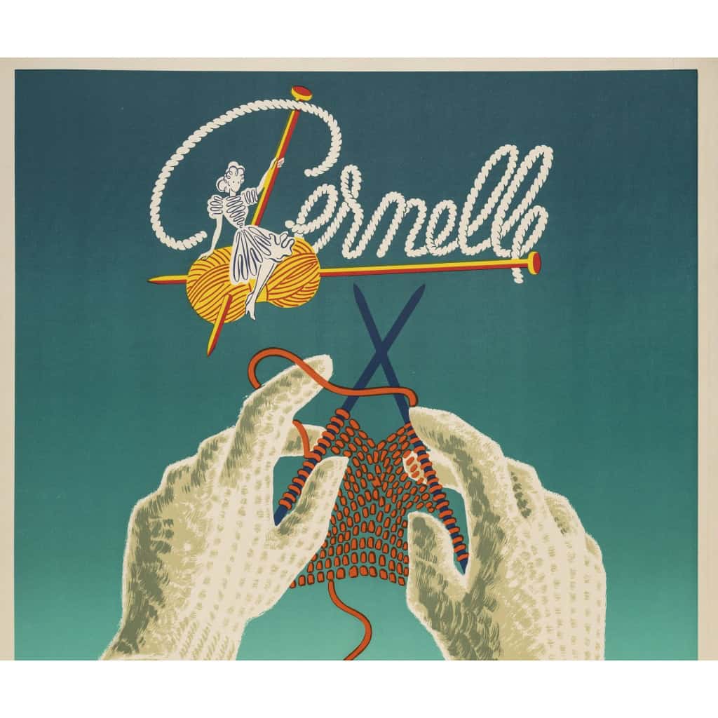 Affiche Originale, Bernard Villemot, Pernelle, Laine, Mode, Textile, Tissu, Couture, Tricot, Pelote, Fil, Gants, Maille, Sorcière, c.1950 4