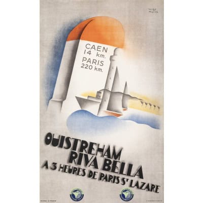 Affiche Tourisme Originale, Willy Mucha, Ouistreham, Riva Bella, Art Déco, Chemins de Fer, Transport, Voyage, Paris, Caen, La Manche, Bateau, Navire, Paquebot, Voilier, Phare, Mer, Plage, Sable, 1934