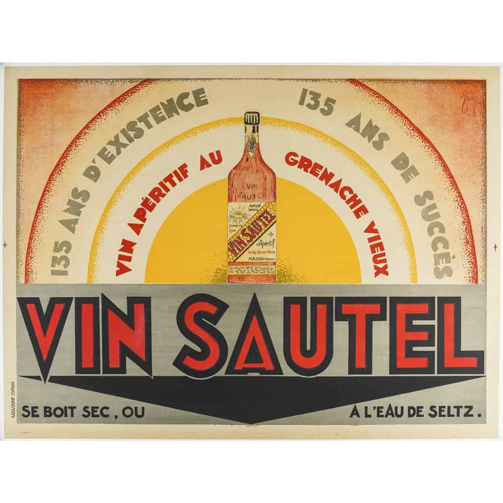 Affiche Art Déco Originale, Zony, Vin Sautel, Alcool, Apéritif, Bouteille, Boisson, Vin, Vignoble, Vigne, Grenache, Eau de Seltz, 1929 3