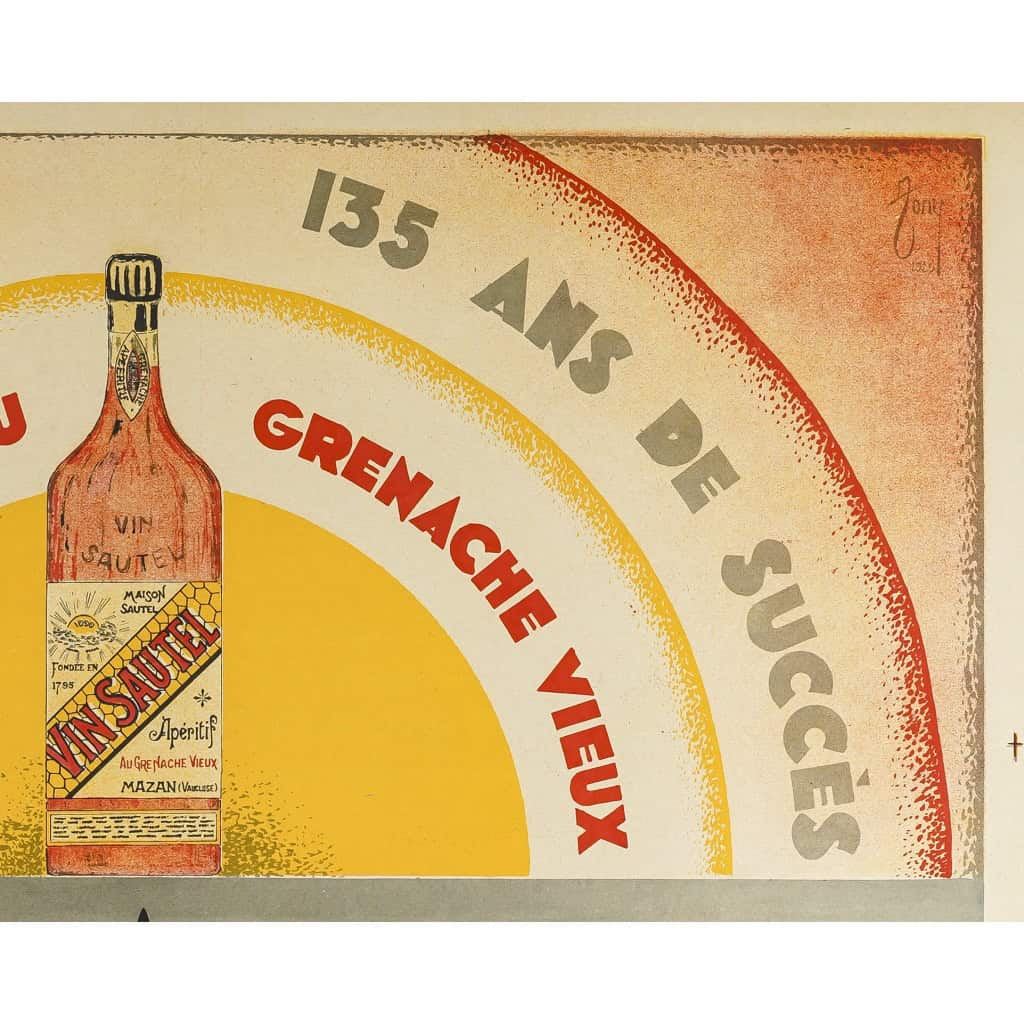 Affiche Art Déco Originale, Zony, Vin Sautel, Alcool, Apéritif, Bouteille, Boisson, Vin, Vignoble, Vigne, Grenache, Eau de Seltz, 1929 6