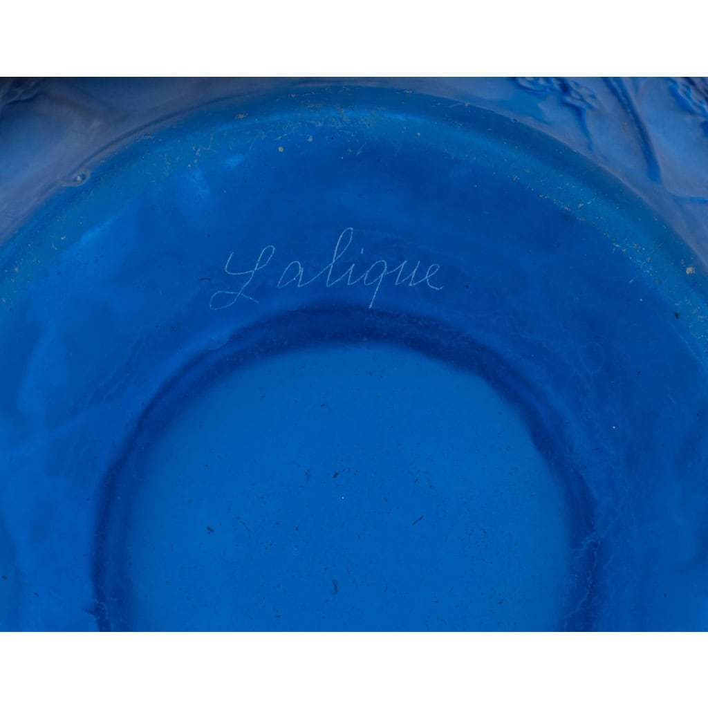 1919 René Lalique – Vase Perruches Verre Bleu Electrique Patiné Blanc 6