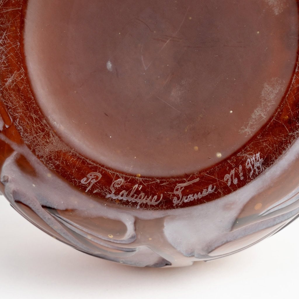 1926 René Lalique – Vase Sophora Verre Rouge Ambré Patiné Blanc 10
