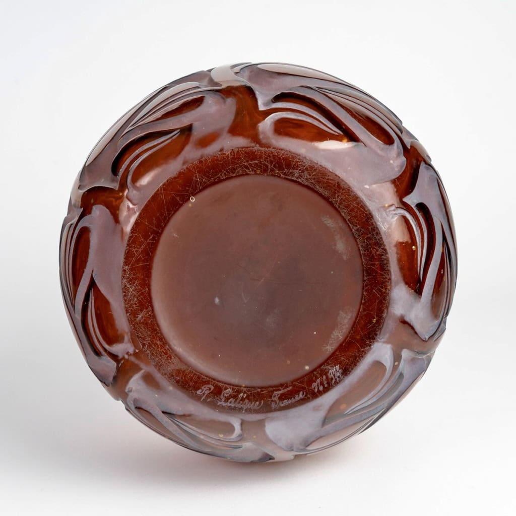 1926 René Lalique – Vase Sophora Verre Rouge Ambré Patiné Blanc 9