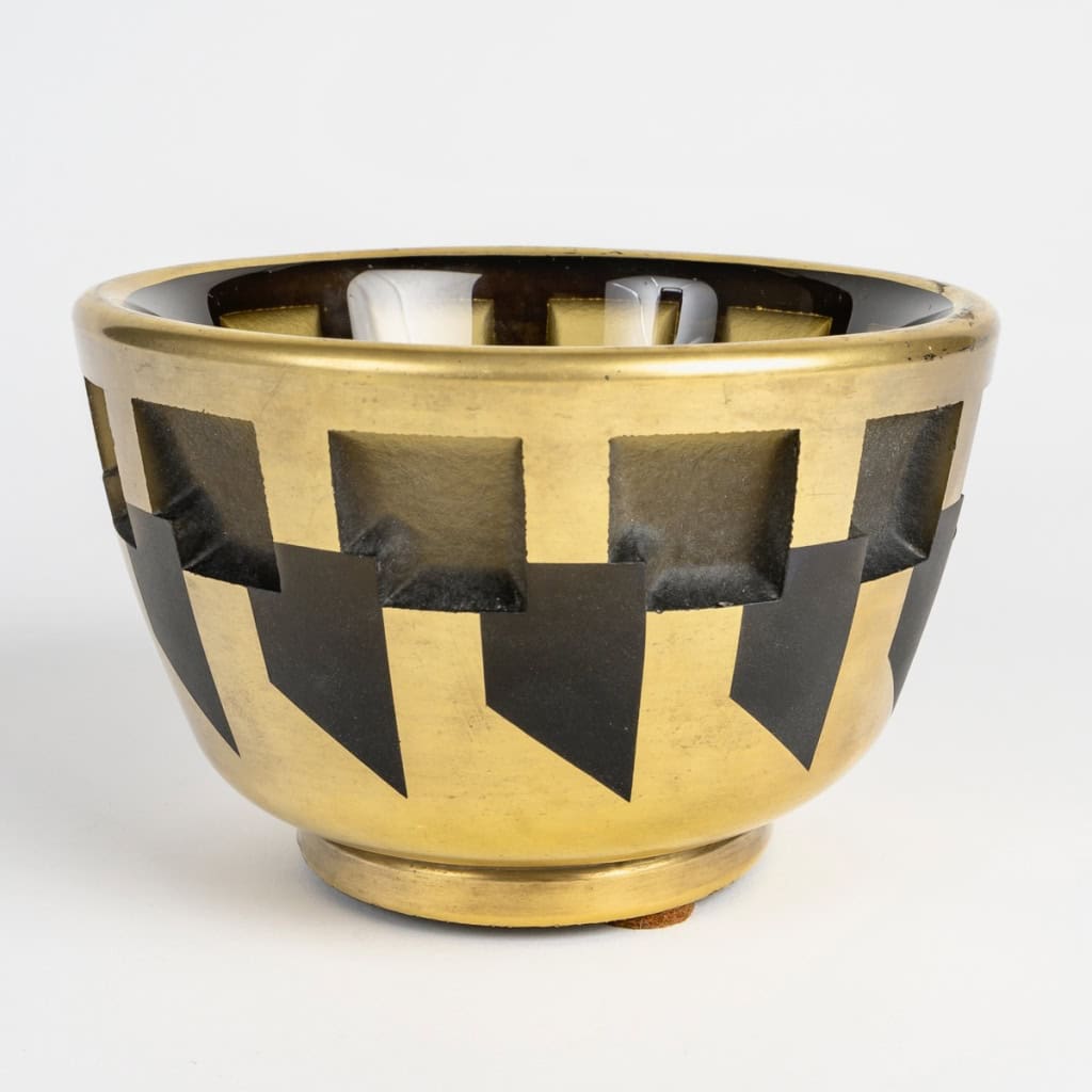 1930 Jean Luce – Coupe Art Deco Moderniste Verre Blanc Emaillé Or 3