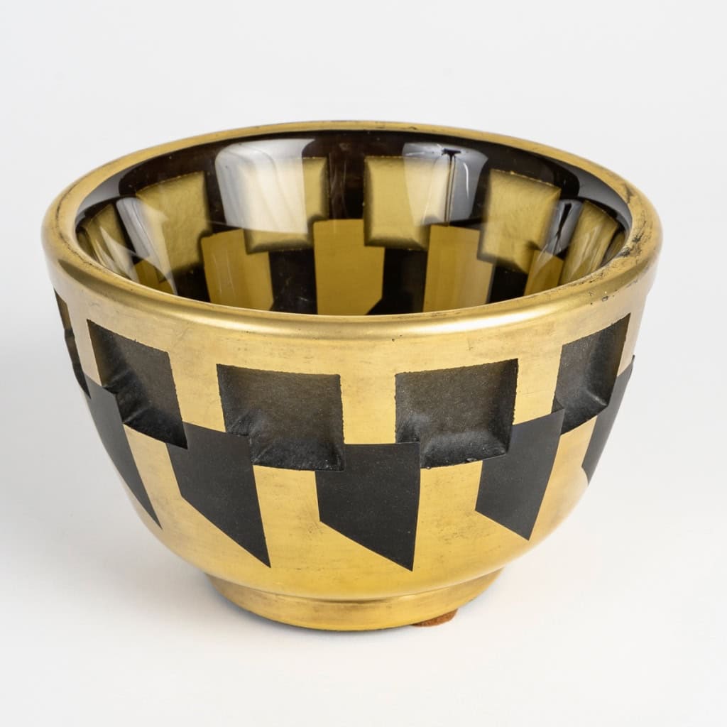 1930 Jean Luce – Coupe Art Deco Moderniste Verre Blanc Emaillé Or 4