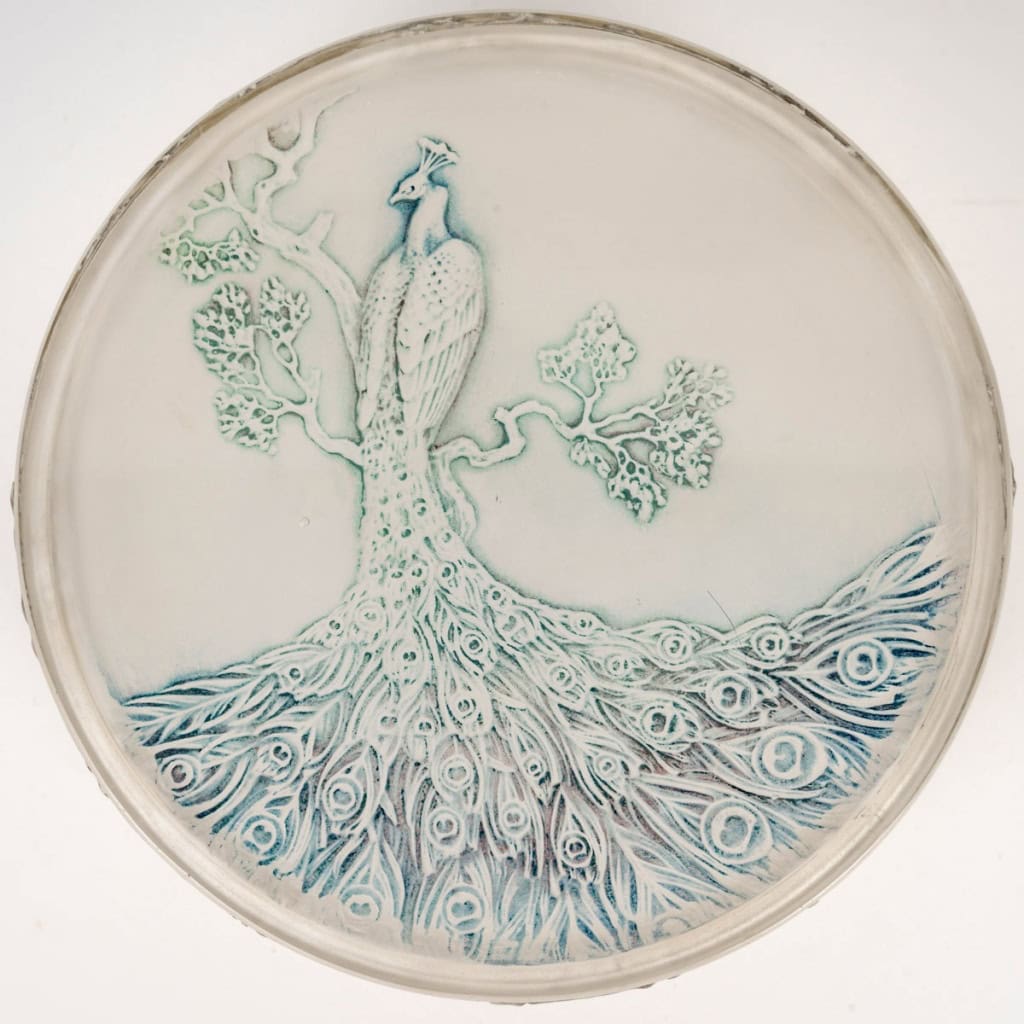 1910 René Lalique – Boîte Paon Verre Blanc Patiné Bleu 3