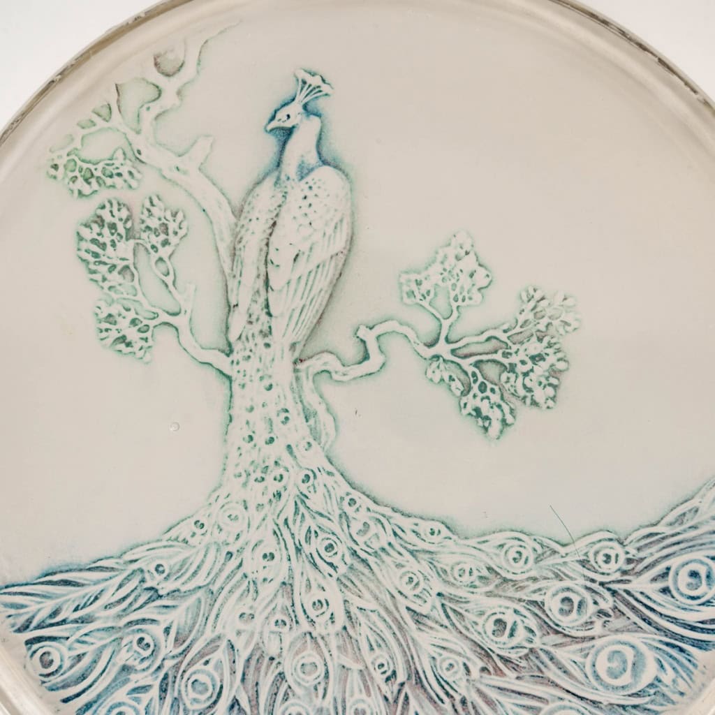 1910 René Lalique – Boîte Paon Verre Blanc Patiné Bleu 6
