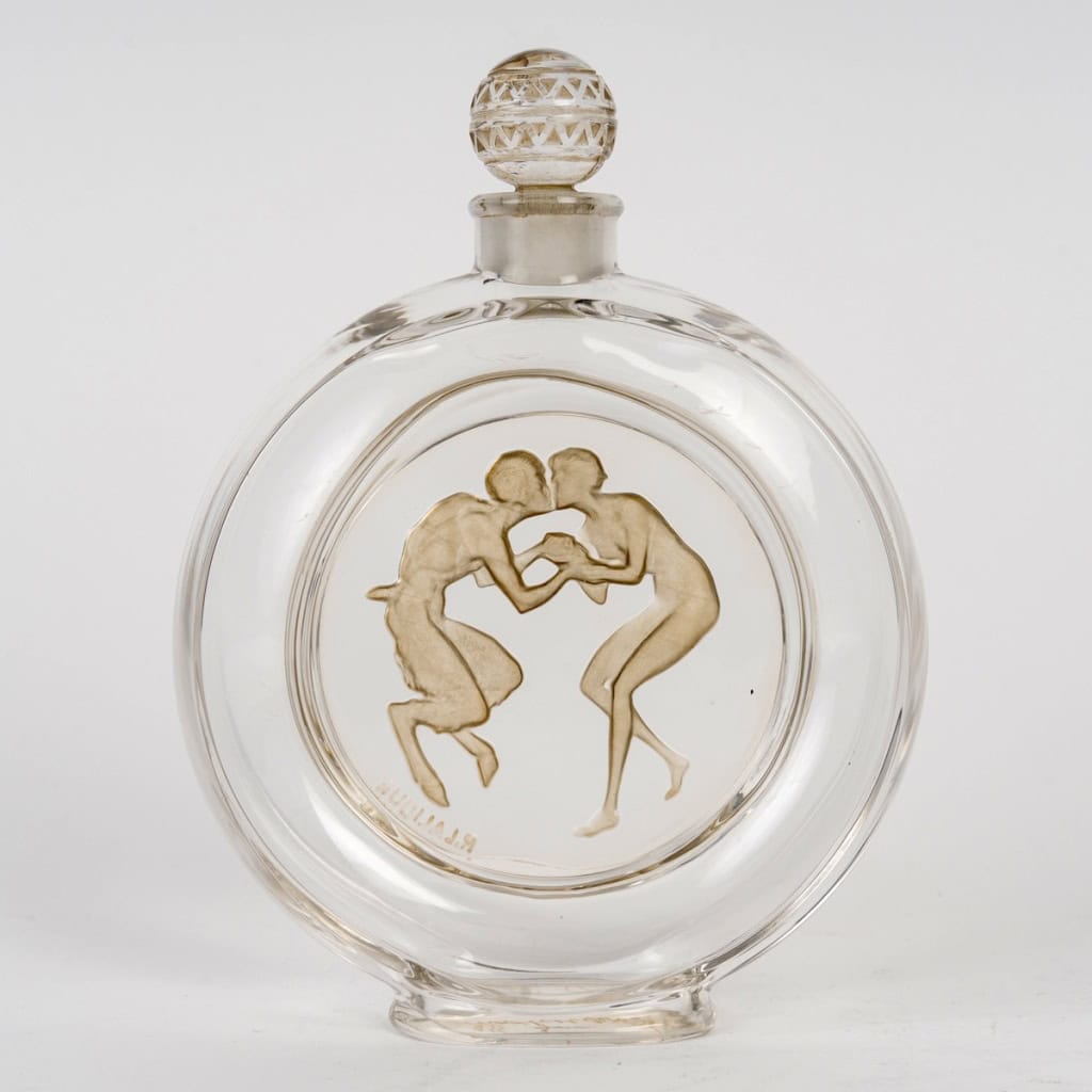 1928 René Lalique – Flacon Le Baiser Du Faune Verre Blanc Patiné Sépia Pour Molinard 3