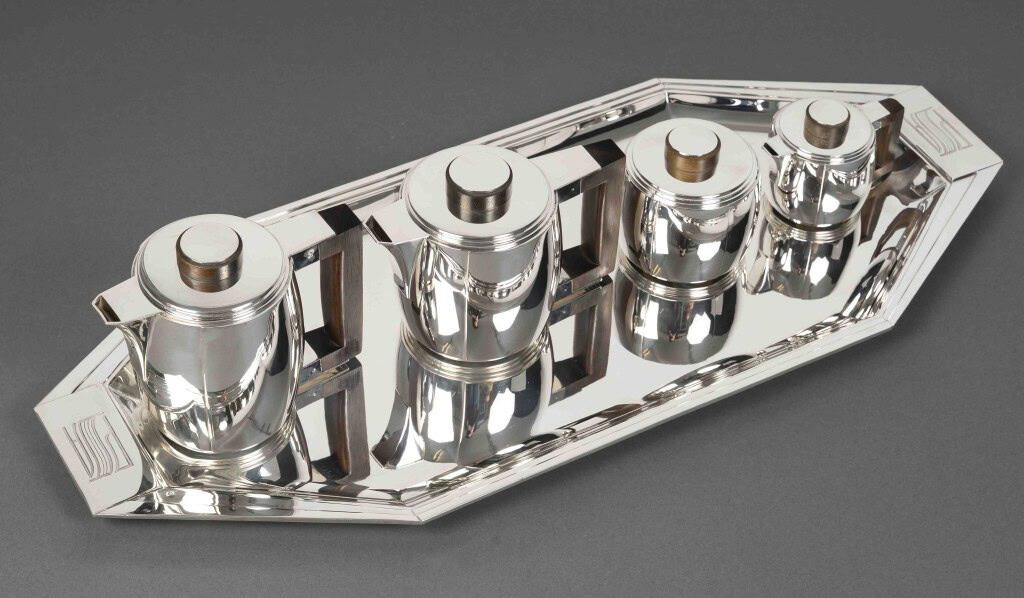 Souche-Lapparra – Service Thé/Café 4 pièces et son plateau en Argent époque ART DECO 37