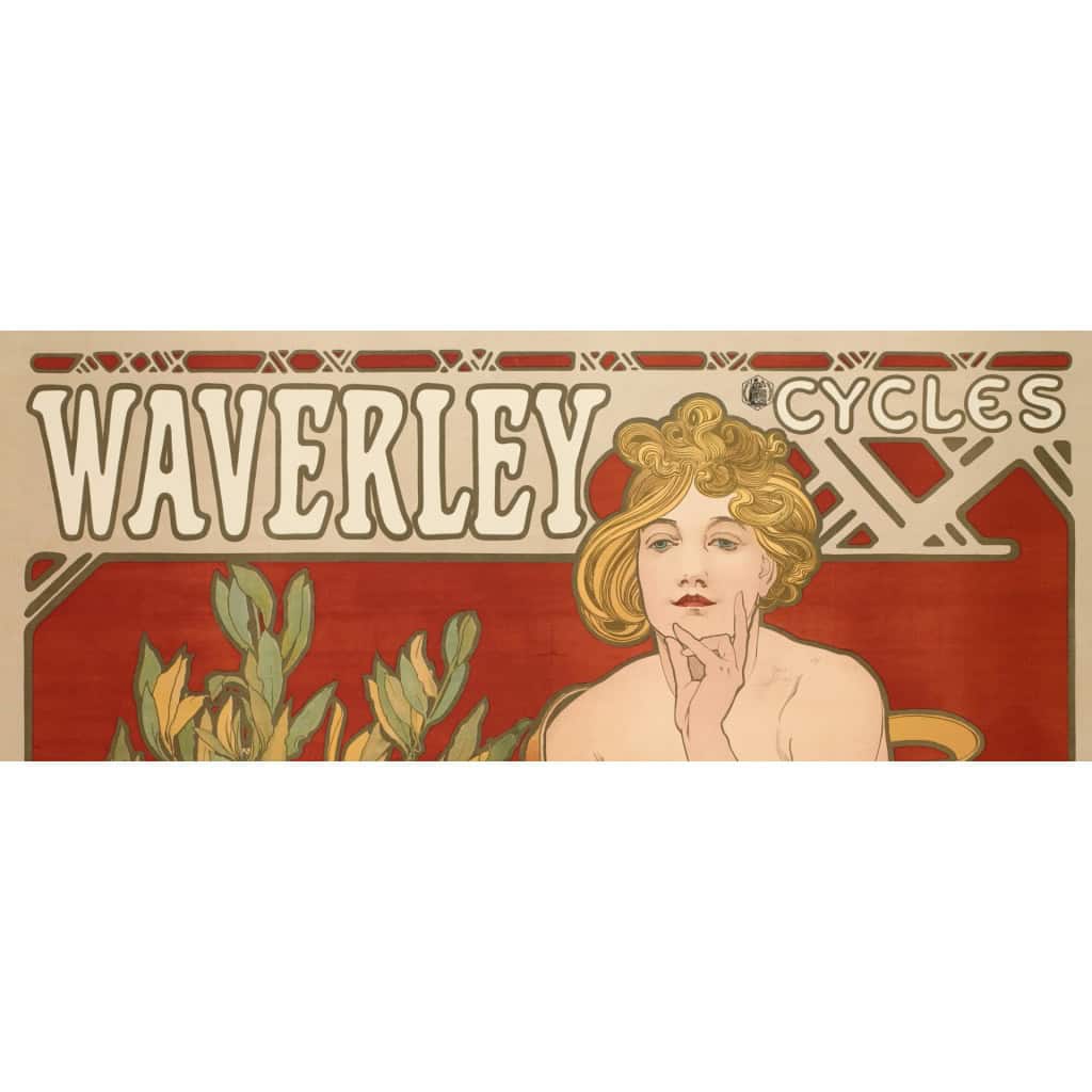 Affiche Art Nouveau Originale, Alphonse Mucha, Waverley Cycles, Femme, Forgeron, Nu, Cheveux, Chevelure, Cyclisme, Cycliste, Bicyclette, Vélo, Laurier, Marteau, Enclume, Allégorie, Belle Epoque, 1898 4