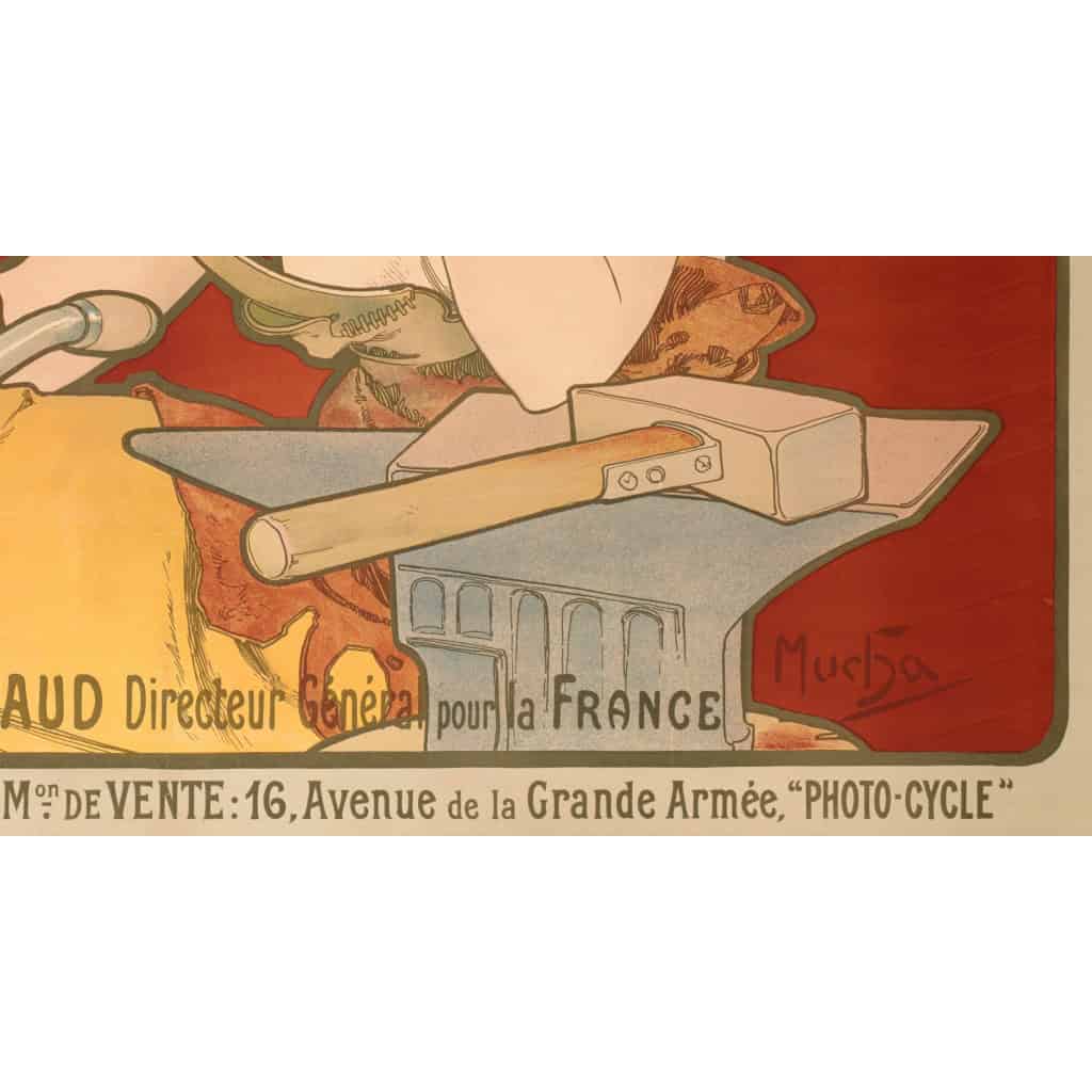 Affiche Art Nouveau Originale, Alphonse Mucha, Waverley Cycles, Femme, Forgeron, Nu, Cheveux, Chevelure, Cyclisme, Cycliste, Bicyclette, Vélo, Laurier, Marteau, Enclume, Allégorie, Belle Epoque, 1898 8