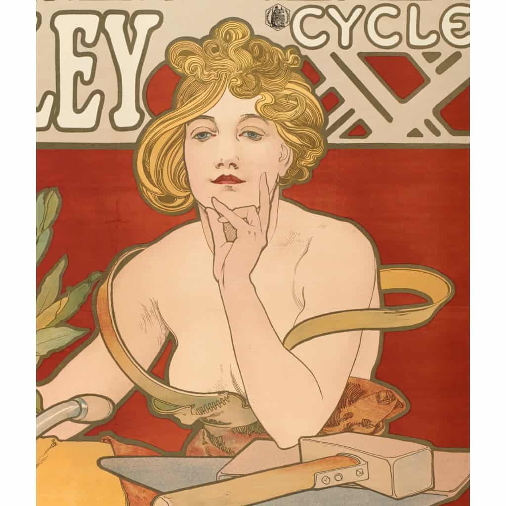 Affiche Art Nouveau Originale, Alphonse Mucha, Waverley Cycles, Femme, Forgeron, Nu, Cheveux, Chevelure, Cyclisme, Cycliste, Bicyclette, Vélo, Laurier, Marteau, Enclume, Allégorie, Belle Epoque, 1898 5