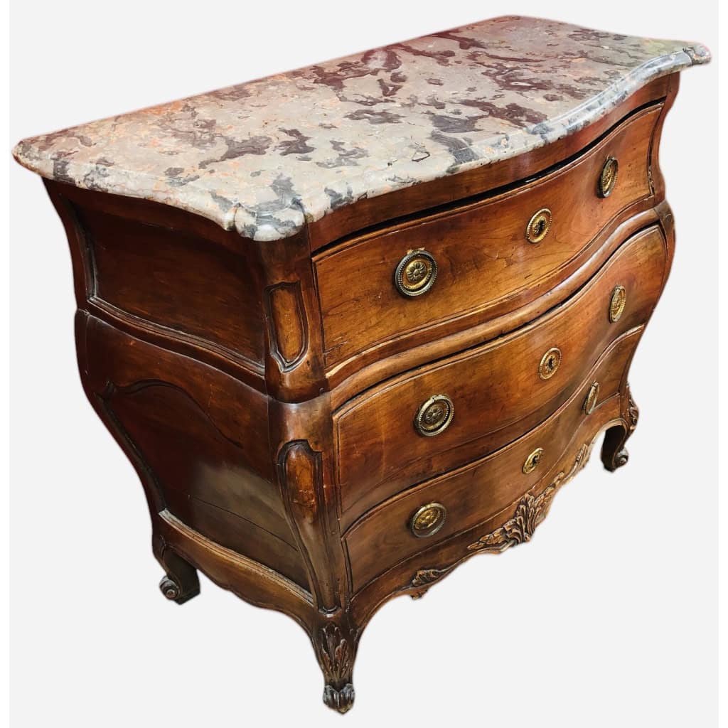 Commode 18è de port en bois naturel ouvrant à trois tiroirs reposant sur des pieds galbés Dessus de marbre 5
