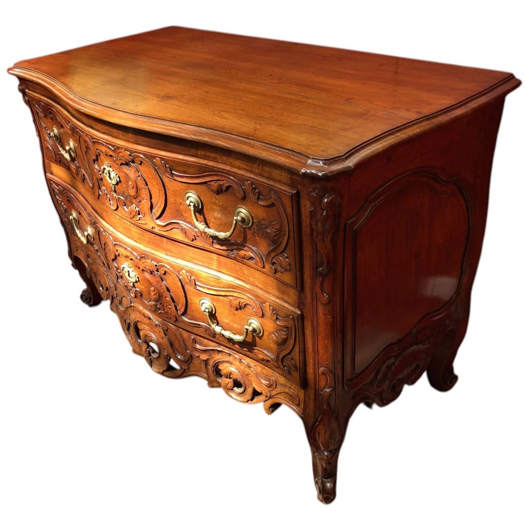 Commode Nîmoise 18è Siècle Façade Galbée Côtés Mouvementés Noyer Ouvrant Par Deux Tiroirs 15
