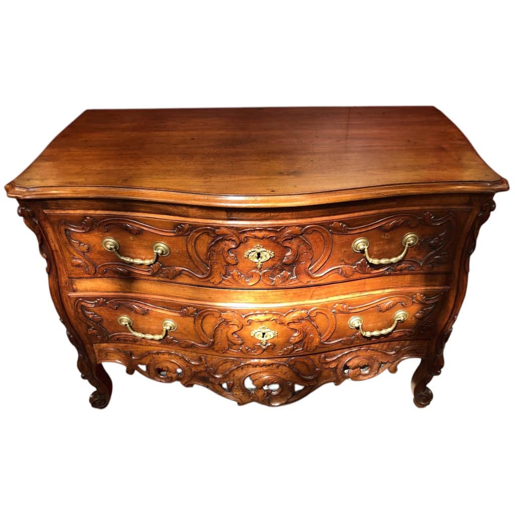 Commode Nîmoise 18è Siècle Façade Galbée Côtés Mouvementés Noyer Ouvrant Par Deux Tiroirs 16