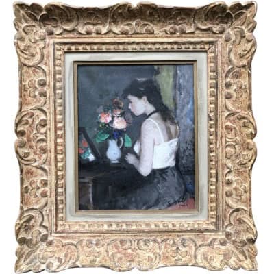 GALL François A Sa Toilette Peinture Française Huile Sur Toile Signée Titrée Située Certificat d’authenticité