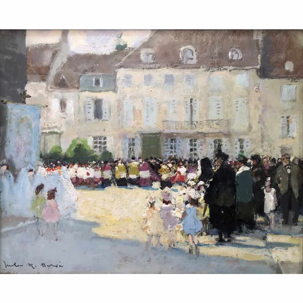 HERVE Jules Langres Sortie de messe le 15 Août place St Martin Huile sur carton fort Signée Certificat D’authenticité 4