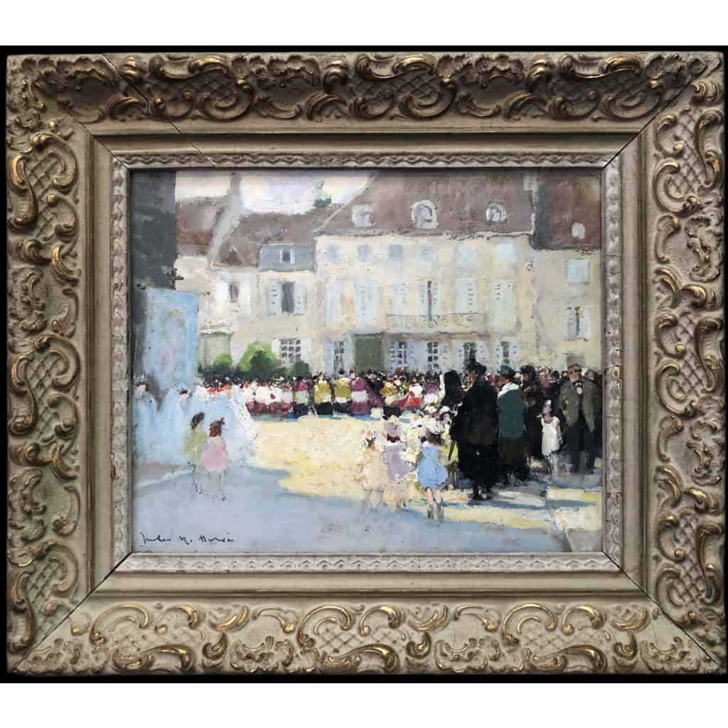 HERVE Jules Langres Sortie de messe le 15 Août place St Martin Huile sur carton fort Signée Certificat D’authenticité 3
