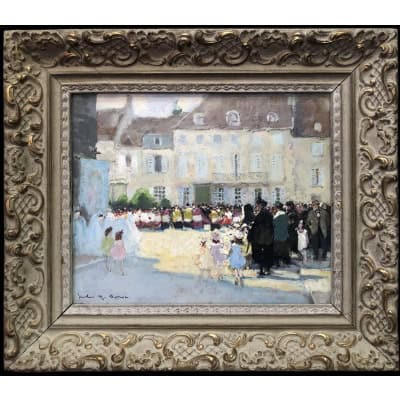 HERVE Jules Langres Sortie de messe le 15 Août place St Martin Huile sur carton fort Signée Certificat D’authenticité