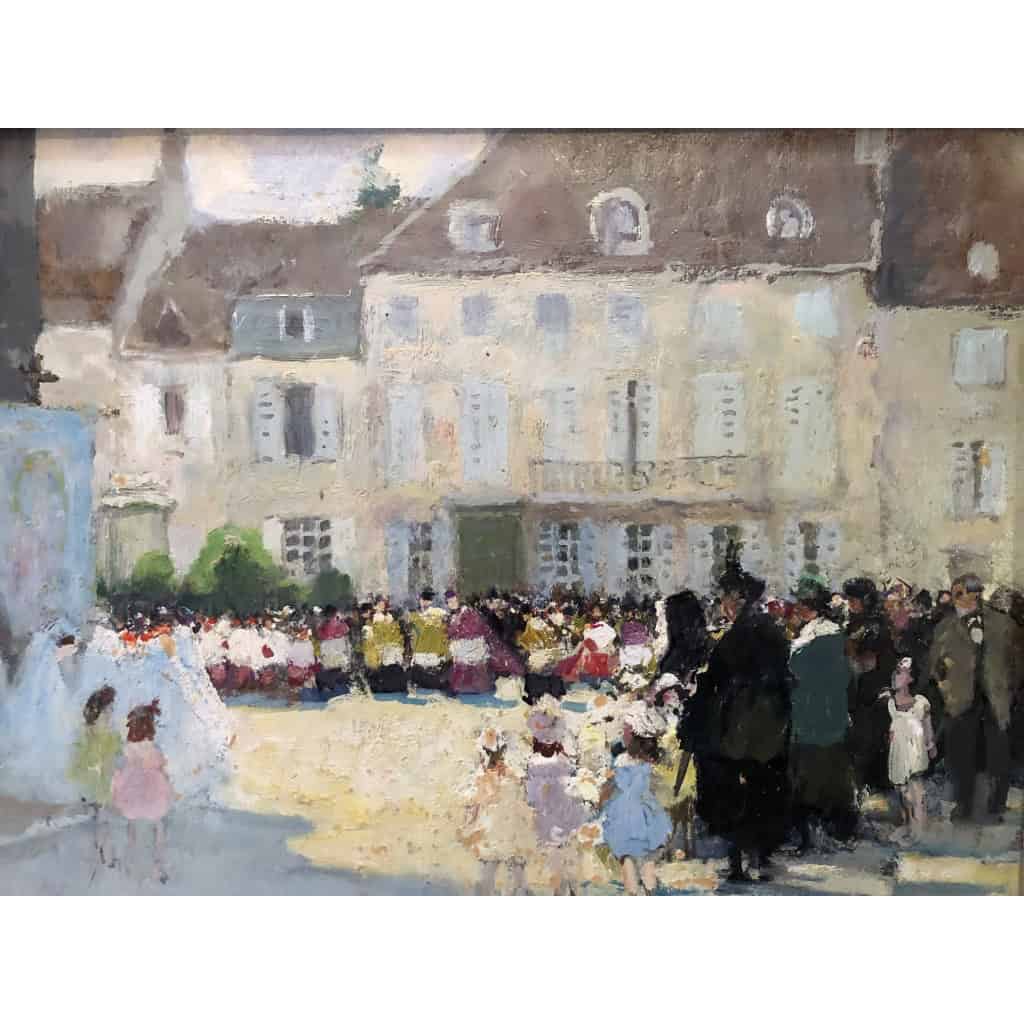 HERVE Jules Langres Sortie de messe le 15 Août place St Martin Huile sur carton fort Signée Certificat D’authenticité 10