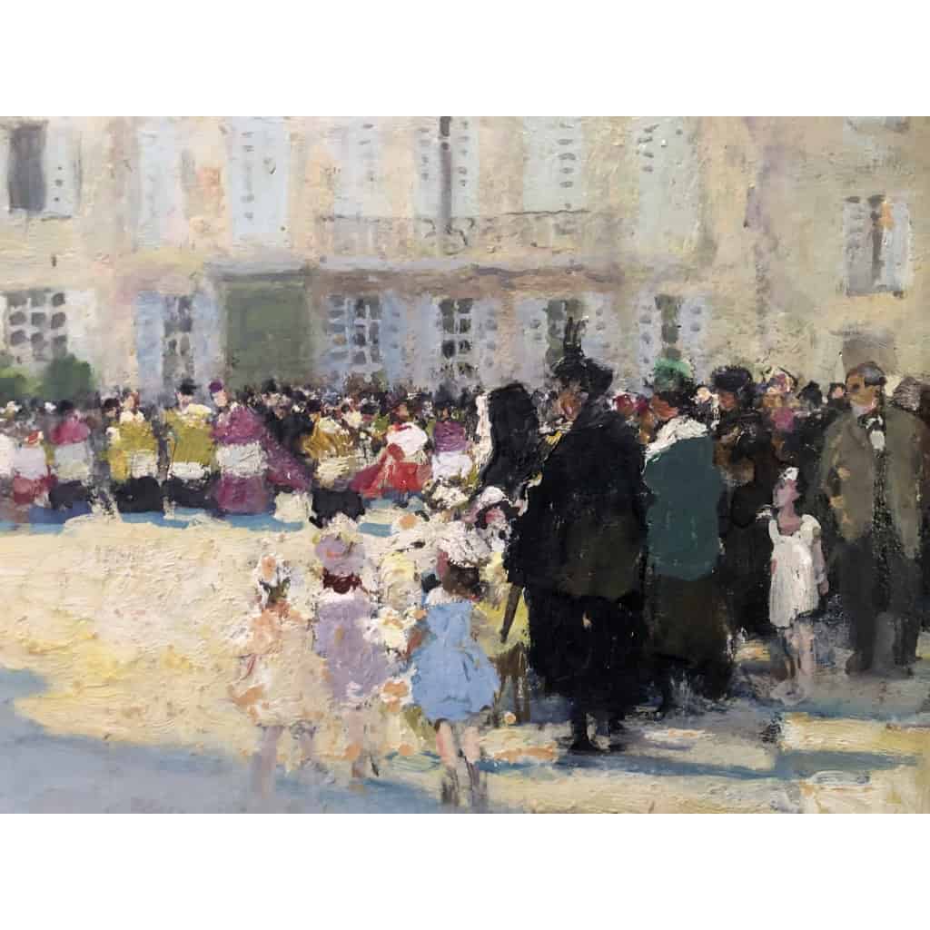HERVE Jules Langres Sortie de messe le 15 Août place St Martin Huile sur carton fort Signée Certificat D’authenticité 7
