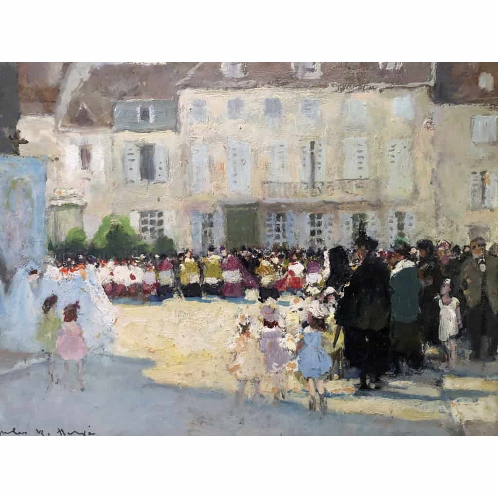HERVE Jules Langres Sortie de messe le 15 Août place St Martin Huile sur carton fort Signée Certificat D’authenticité 6