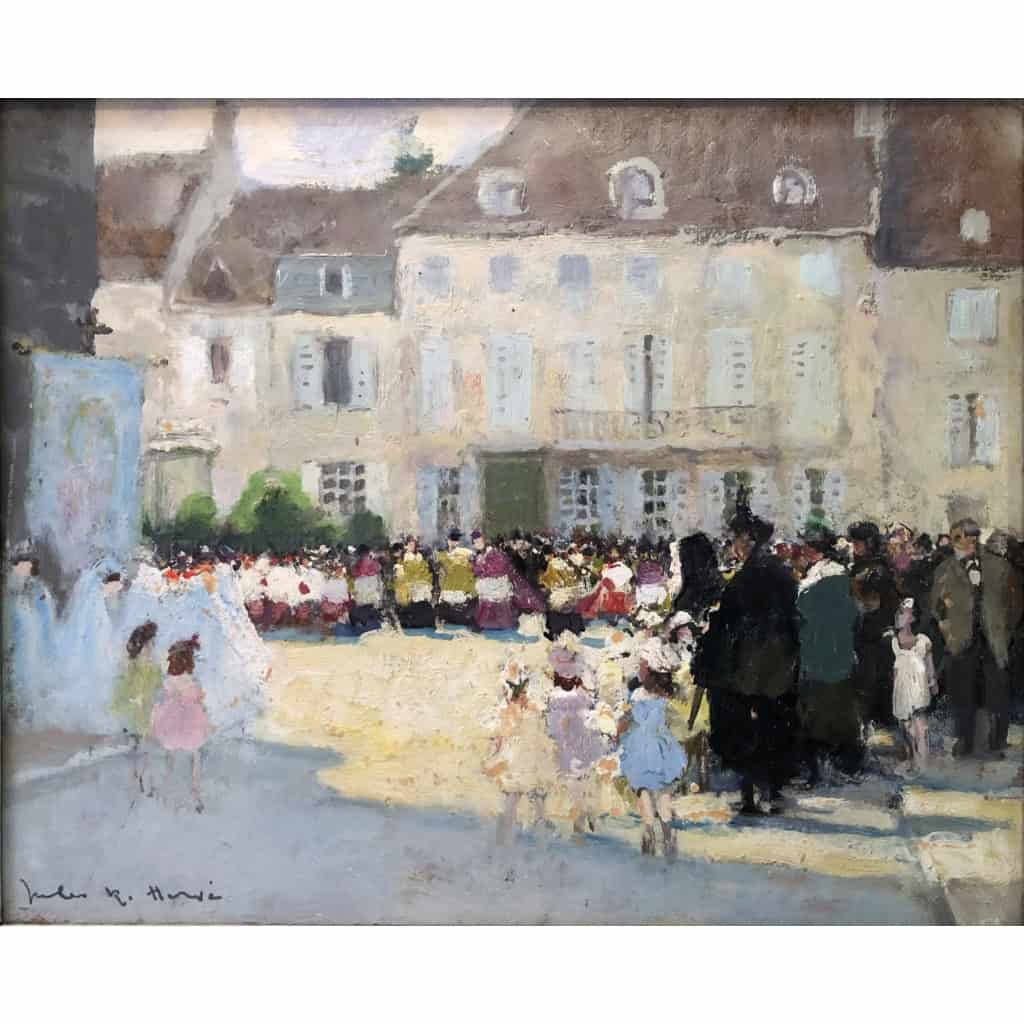 HERVE Jules Langres Sortie de messe le 15 Août place St Martin Huile sur carton fort Signée Certificat D’authenticité 5