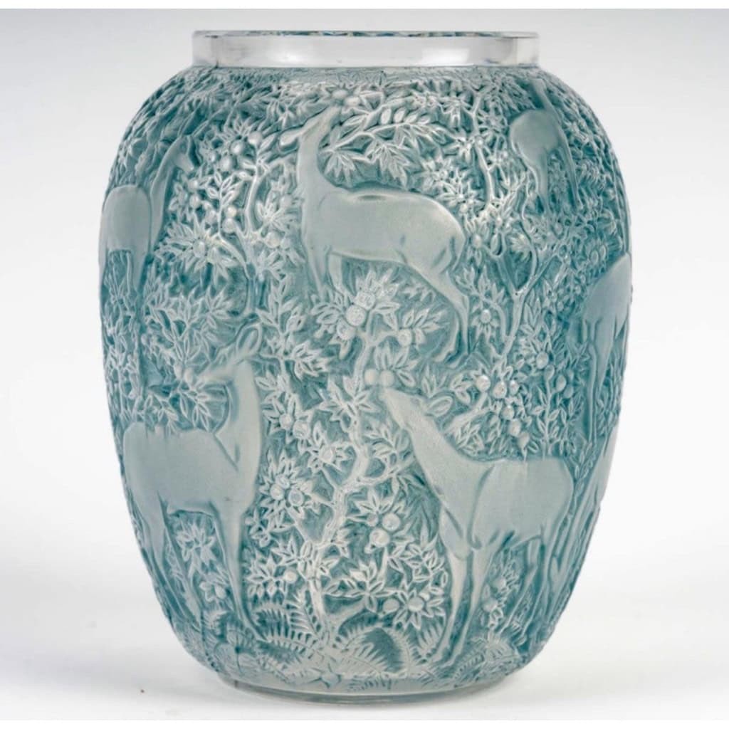 1932 René Lalique – Vase Biches Verre Blanc Patiné Bleu 4