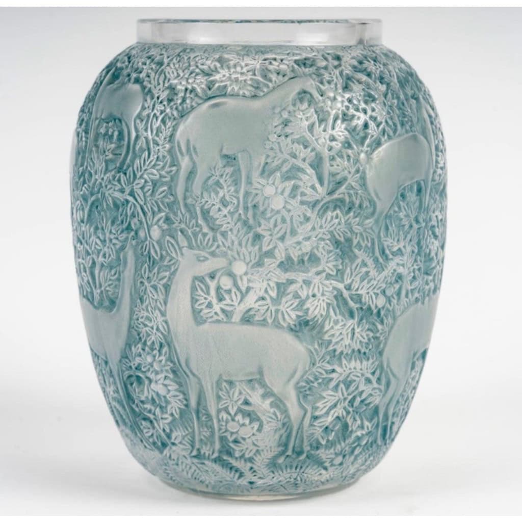 1932 René Lalique – Vase Biches Verre Blanc Patiné Bleu 5