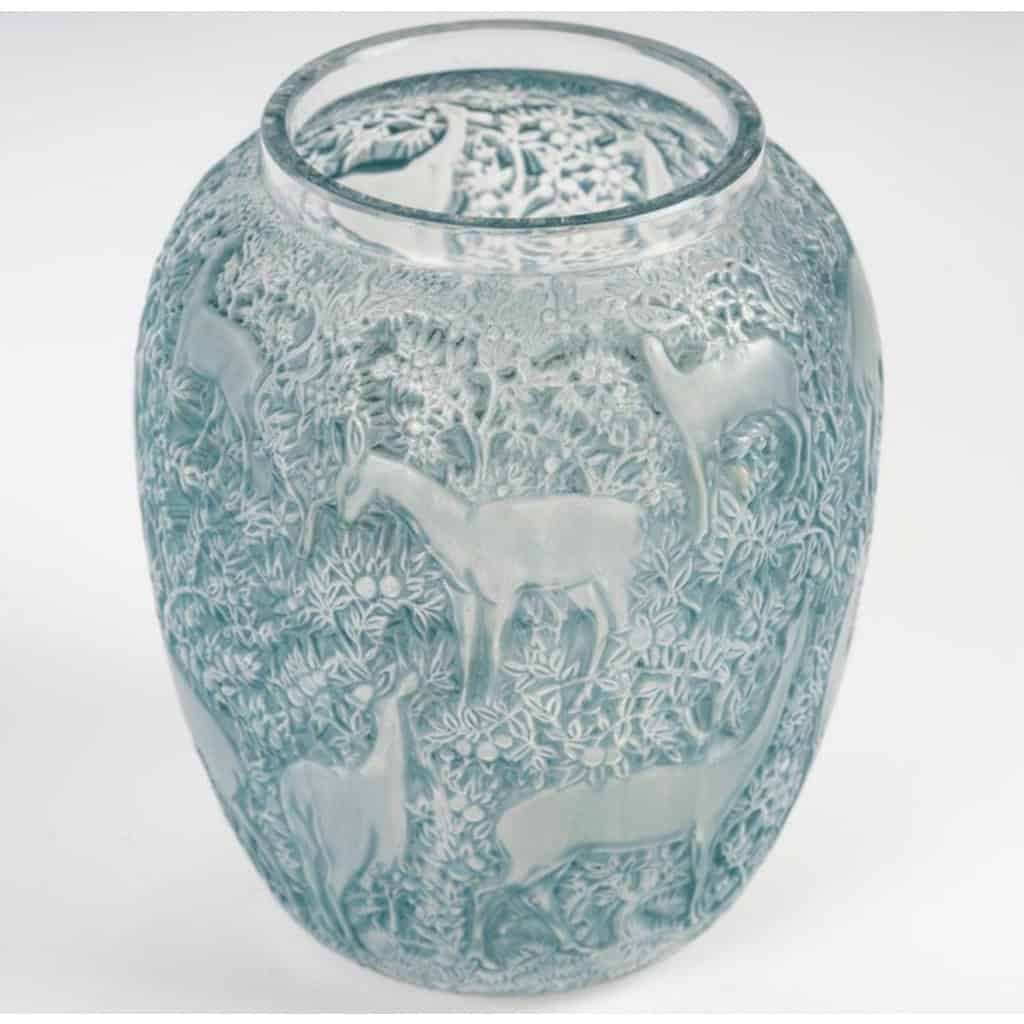 1932 René Lalique – Vase Biches Verre Blanc Patiné Bleu 7