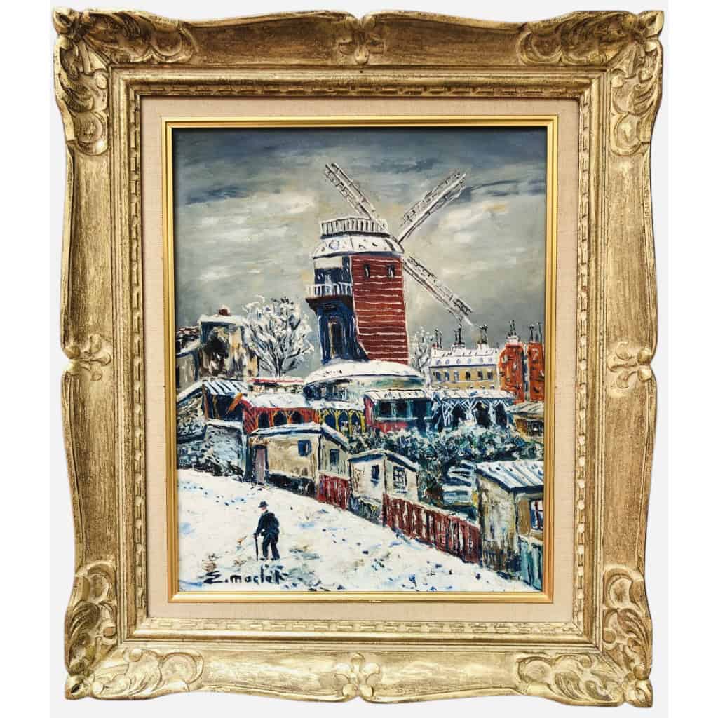 MACLET Elisée Tableau Français 20è Paris Montmartre Moulin De La Galette sous la neige Huile sur toile Signée Certificat d’authenticité 3