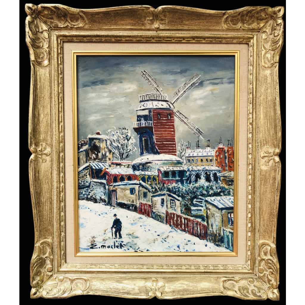 MACLET Elisée Tableau Français 20è Paris Montmartre Moulin De La Galette sous la neige Huile sur toile Signée Certificat d’authenticité 8
