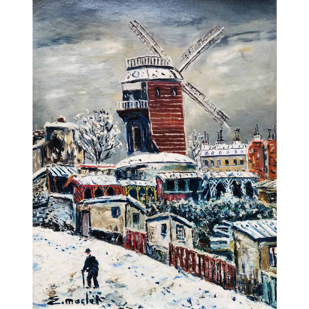 MACLET Elisée Tableau Français 20è Paris Montmartre Moulin De La Galette sous la neige Huile sur toile Signée Certificat d’authenticité 9
