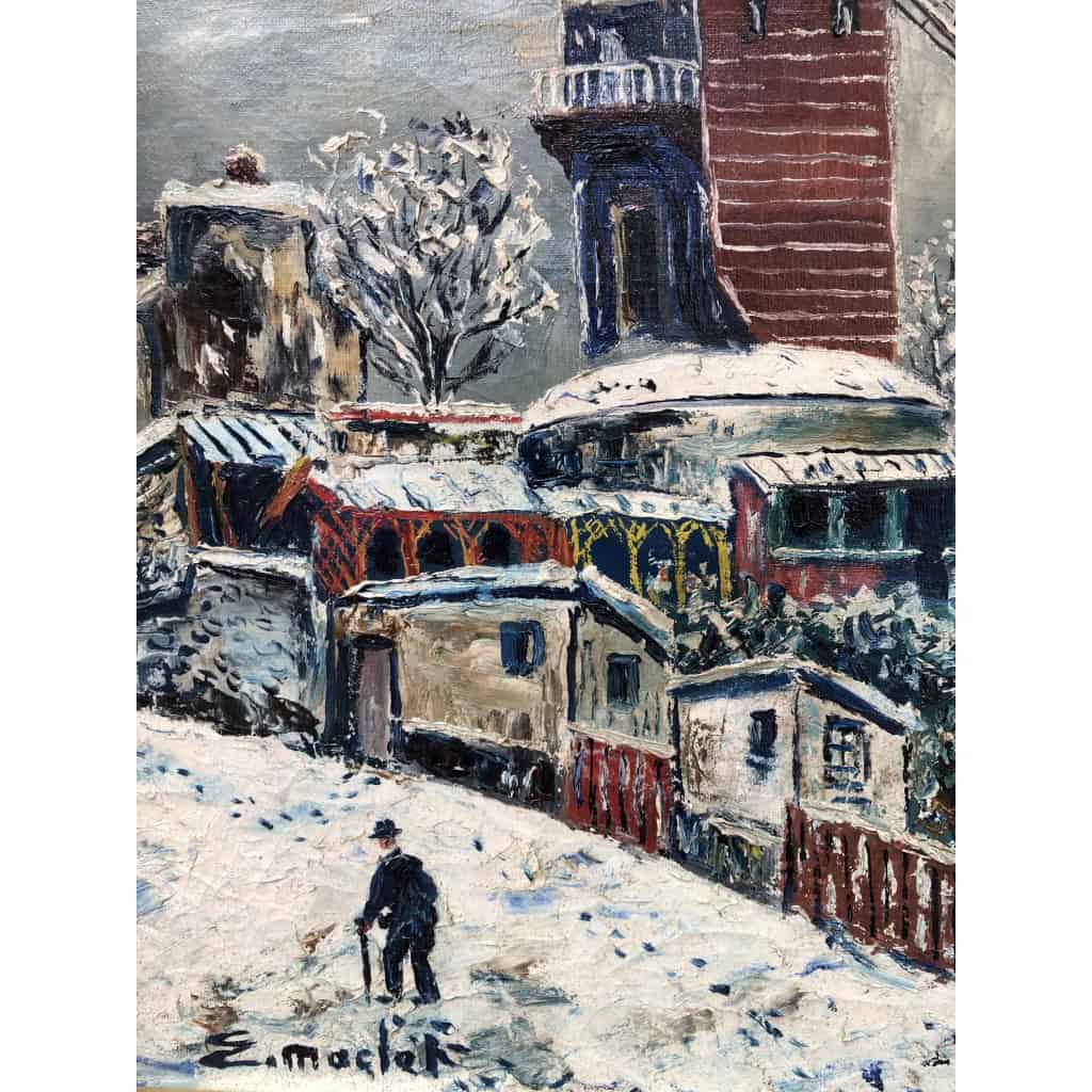 MACLET Elisée Tableau Français 20è Paris Montmartre Moulin De La Galette sous la neige Huile sur toile Signée Certificat d’authenticité 7