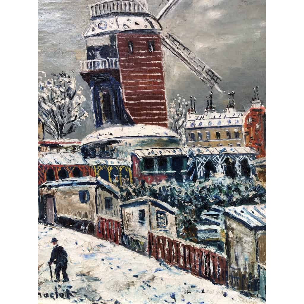 MACLET Elisée Tableau Français 20è Paris Montmartre Moulin De La Galette sous la neige Huile sur toile Signée Certificat d’authenticité 6