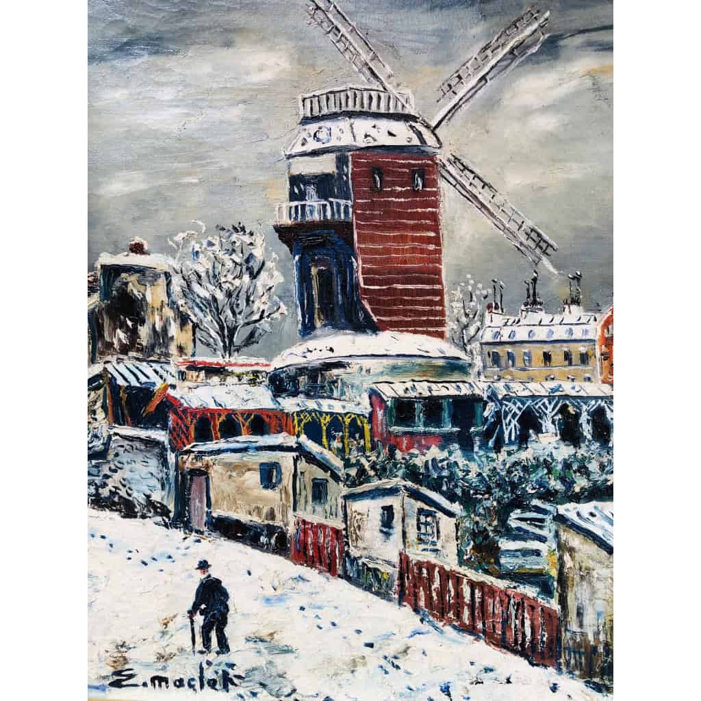 MACLET Elisée Tableau Français 20è Paris Montmartre Moulin De La Galette sous la neige Huile sur toile Signée Certificat d’authenticité 5