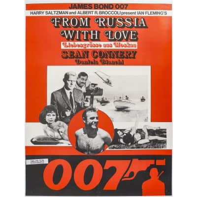 Affiche Cinéma Originale, James Bond, 007, From Russia With Love, Bons Baisers de Russie, Sean Connery, Ian Fleming, Pistolet, Agent, Espion, Espionnage, Spectre, Bateau, Hélicoptère, Film, Gadget, c.1980
