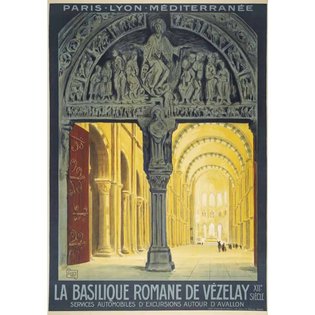 Affiche Tourisme Originale, Alo, La Basilique Romane de Vézelay, PLM, Chemins de Fer, Trains, Automobiles, Excursion, Architecture, Fresque, Sculpture, Tympan, Christ, Iconographie, Religion, Art Roman, Avallon, c.1920 3