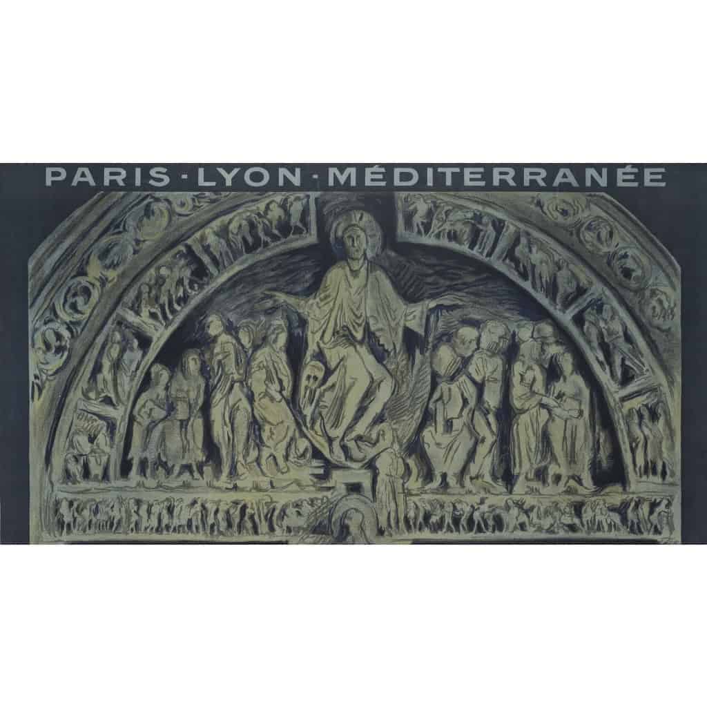 Affiche Tourisme Originale, Alo, La Basilique Romane de Vézelay, PLM, Chemins de Fer, Trains, Automobiles, Excursion, Architecture, Fresque, Sculpture, Tympan, Christ, Iconographie, Religion, Art Roman, Avallon, c.1920 4