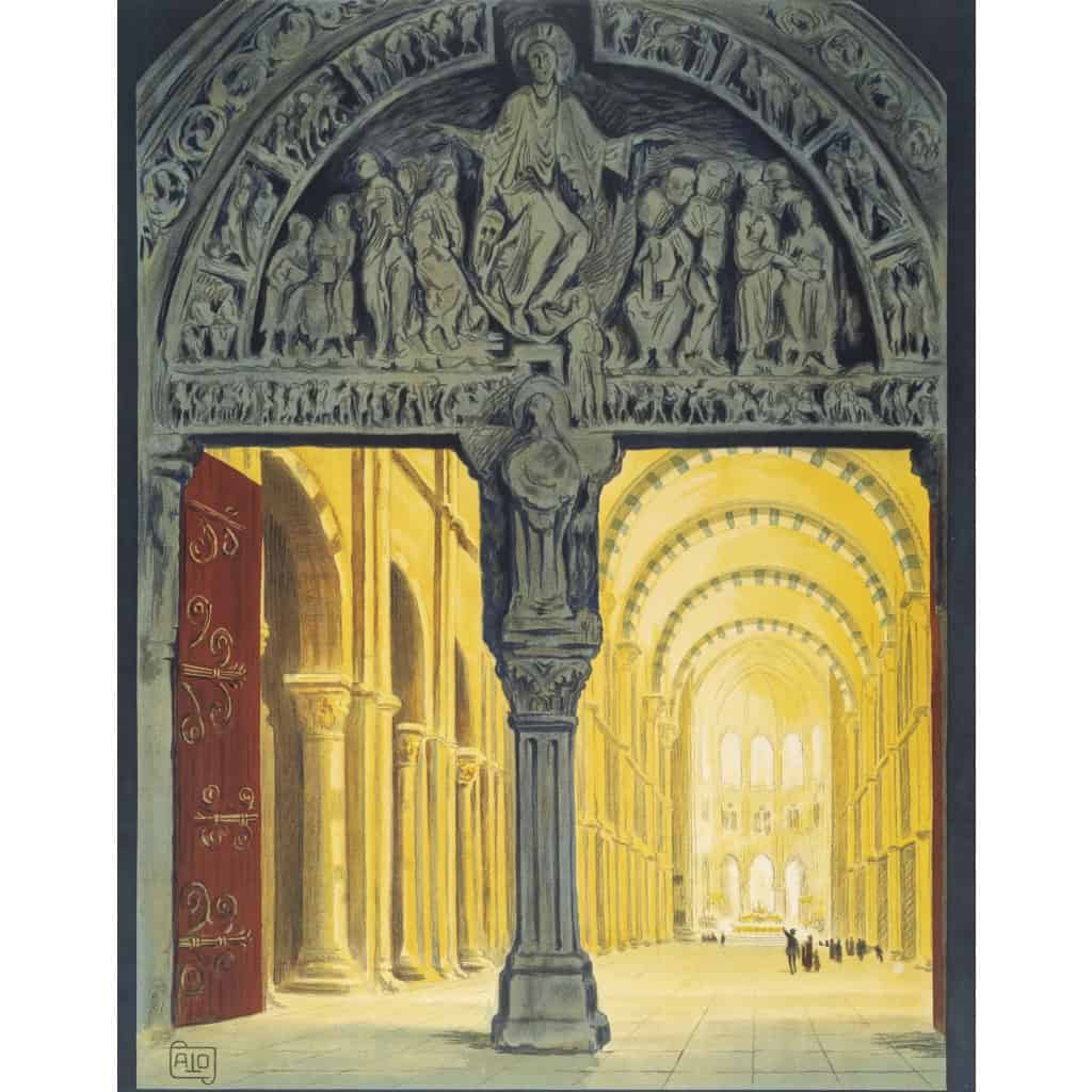 Affiche Tourisme Originale, Alo, La Basilique Romane de Vézelay, PLM, Chemins de Fer, Trains, Automobiles, Excursion, Architecture, Fresque, Sculpture, Tympan, Christ, Iconographie, Religion, Art Roman, Avallon, c.1920 5