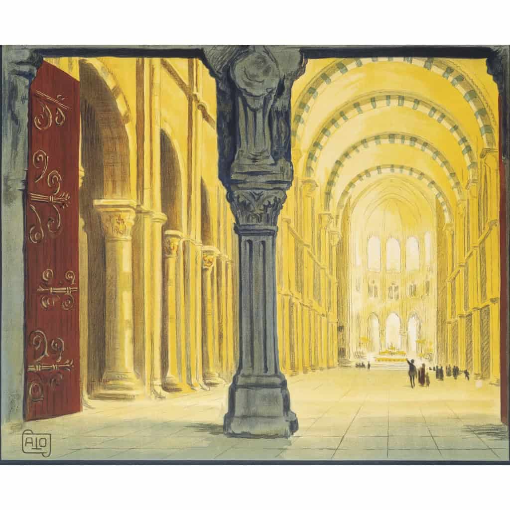 Affiche Tourisme Originale, Alo, La Basilique Romane de Vézelay, PLM, Chemins de Fer, Trains, Automobiles, Excursion, Architecture, Fresque, Sculpture, Tympan, Christ, Iconographie, Religion, Art Roman, Avallon, c.1920 7