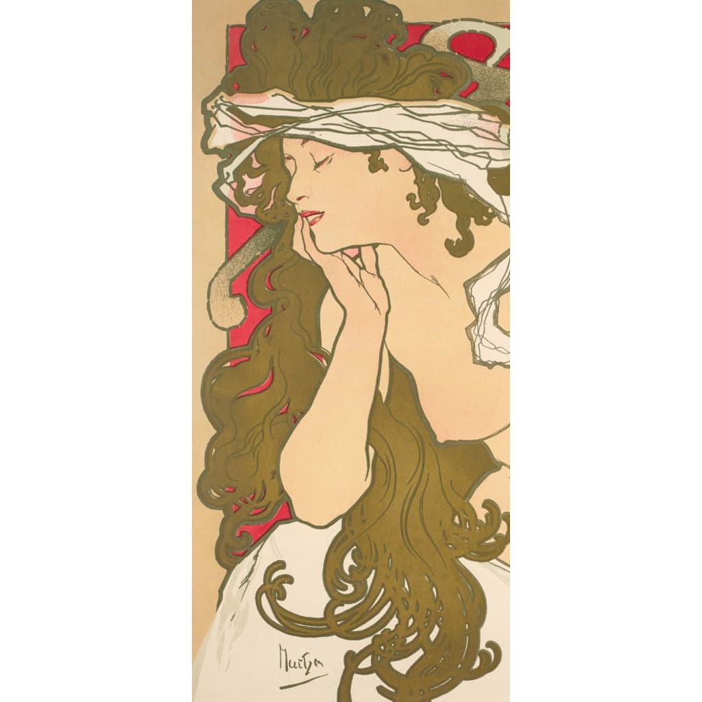 Affiche Art Nouveau Originale, Alphonse Mucha, Salon des Cent, La Plume, Exposition, Femme, Nu, Cheveux, Chevelure, Décor, Flore, Fleurs, Etoile, Allégorie, Belle Epoque, 1896 5
