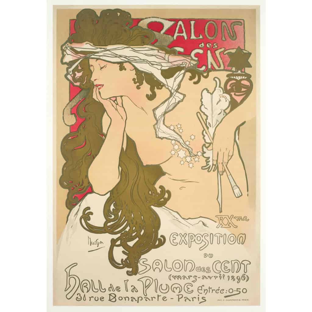 Affiche Art Nouveau Originale, Alphonse Mucha, Salon des Cent, La Plume, Exposition, Femme, Nu, Cheveux, Chevelure, Décor, Flore, Fleurs, Etoile, Allégorie, Belle Epoque, 1896 3