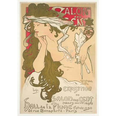 Affiche Art Nouveau Originale, Alphonse Mucha, Salon des Cent, La Plume, Exposition, Femme, Nu, Cheveux, Chevelure, Décor, Flore, Fleurs, Etoile, Allégorie, Belle Epoque, 1896